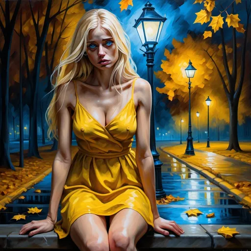 Prompt: 4k,high resolution,detailed,oil painting, modeling ,dark colors , park  ,autumn , lonely sad woman  ,street light with her hand ,blue eyes, long blonde hair, yellow mini dress reveals legs ,barefoot , dramatic , sad colors , expressionism , loneliness , colors express sadness ,close up on the woman , view from the floor , hand pose