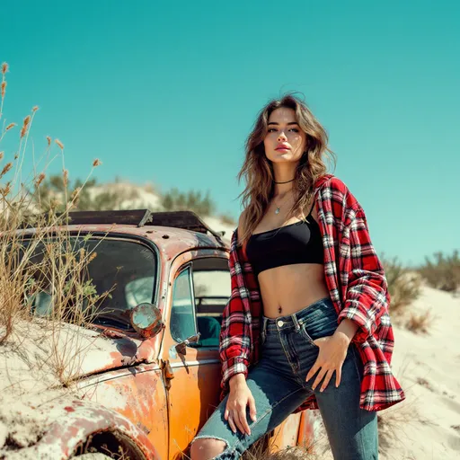 Prompt: A close up  female figure in a red and white plaid jacket , black crop top , fitted jeans , confidently next to an old, rusty beetle car, partially buried in a sandy area. The car's faded paint and rusted metal contrast with the vibrant blue sky above. Surrounding her are patches of dry grass and scattered bushes, swaying gently in a warm breeze. The sunlight casts soft shadows on the sand, highlighting the texture of the ground. The scene captures a sense of nostalgia and adventure, with the character positioned slightly to the right, her gaze directed towards the horizon, embodying a carefree spirit.