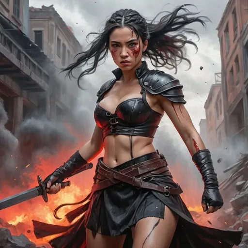 Prompt: 4k , high resolution , oil painting , artistic ,fantasy ,destruction, bright colors ,red gray and black colors, a warrior woman holds a sword with both hands ,she stands in combat stance ,   black hair , braid hairstyle , 
  , wounds on face , short black skirt with belt  , black combat corset,shields on both shoulders  , action , dynamic ,  , low angle shot , emotional face,portrait