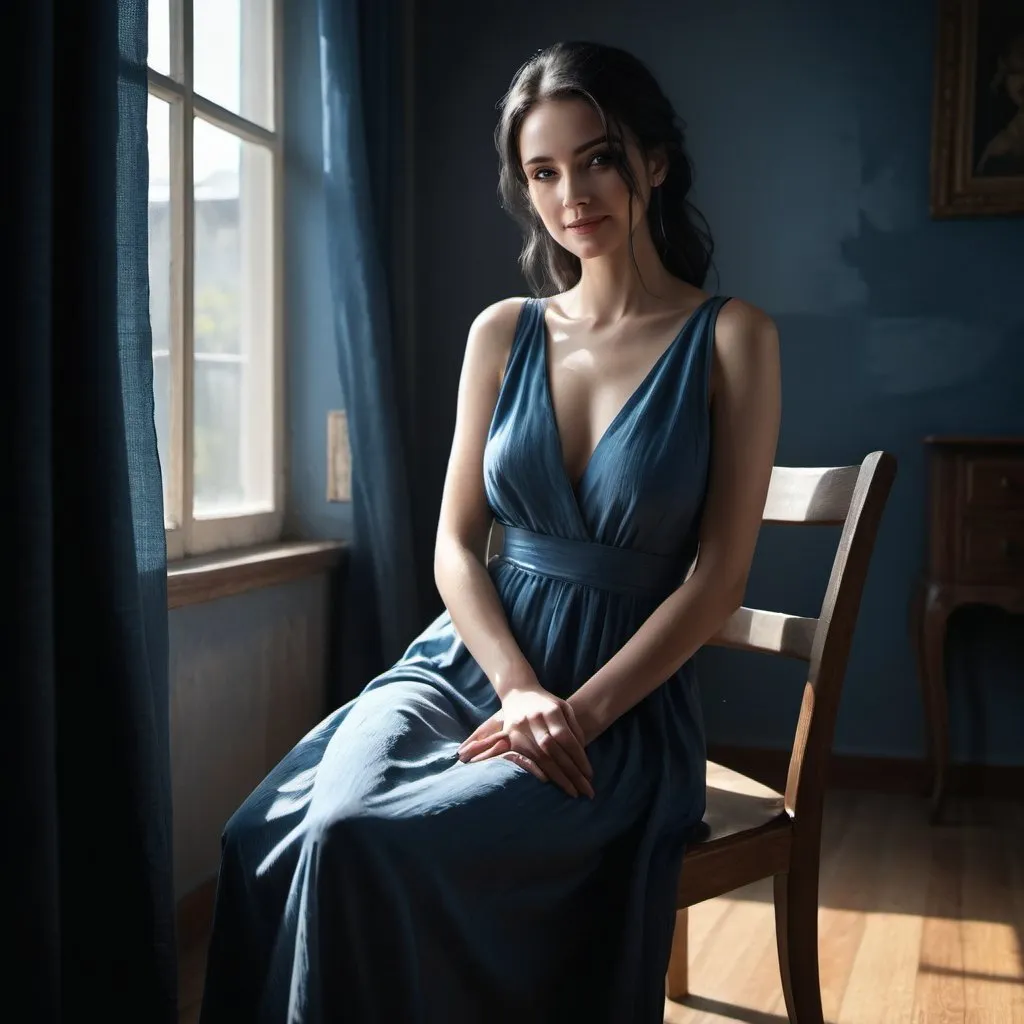 Prompt:  high resolution, 4k, dark colors  , water painting ,dramatic colors , detailed, achromatic grays, fashion , modeling , room , parquet , window with gray curtain
a woman is sitting on wooden chair, fancy blue long slit dress , low angle shot , black hair , close up on woman's face ,blue eyes,portrait ,light and shadow  , sunlight shines on the woman through the window , smile