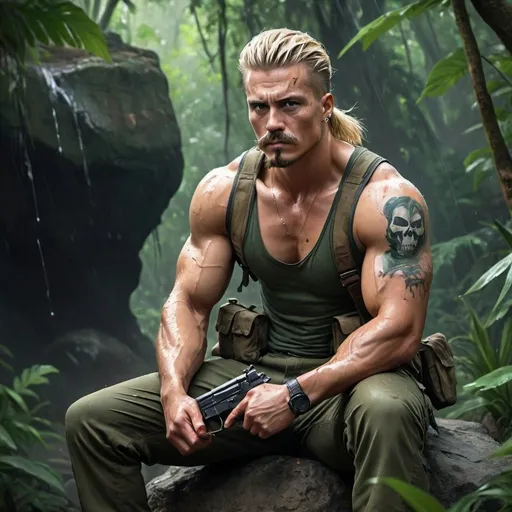 Prompt: 4k , high resolution , detailed , digital painting ,professional , action movie, dark colors , jungle , tree , a man  is sitting on rock , he holds a gun  , green undershirt , army pants , mullet hairstyle , blonde hair , the parted pencil mustache , muscular , aim stance ,badass look ,bullet belt, tattoo of skull on his arm , full body  , shooting scene , wet skin , blood