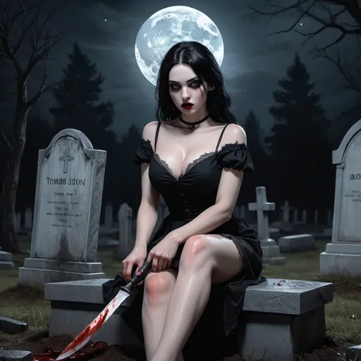 Prompt: 4k,high resolution , detailed , oil painting , modeling , dark color , grave yard , tombstones , scary place , gothic woman sits on grave  and holds knife , blood on blade , pale skin , black hair , mini slit dress reveals legs , black themed , death ,drama, night , dark magic , modeling pose , realistic woman look , moon , creepy , focus on legs , barefoot  , portrait  , skull , expressionism , 