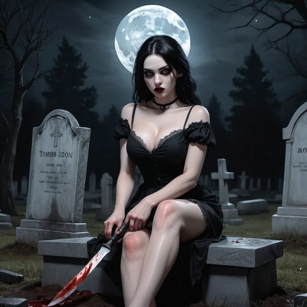 Prompt: 4k,high resolution , detailed , oil painting , modeling , dark color , grave yard , tombstones , scary place , gothic woman sits on grave  and holds knife , blood on blade , pale skin , black hair , mini slit dress reveals legs , black themed , death ,drama, night , dark magic , modeling pose , realistic woman look , moon , creepy , focus on legs , barefoot  , portrait  , skull , expressionism , 