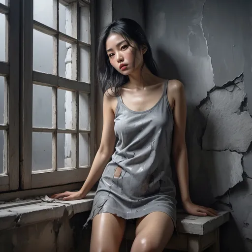 Prompt: 4k , high resolution ,detailed , oil painting , grey themed photo ,poor room with cracked wall ,gray sky, window with shutters , a asian woman is modeling , black hair with some gray hairs, mini slit  grey dress reveals legs , focus on legs
, portrait , expressionism , dark colors   , modeling pose , fashion , unique pose,close up 