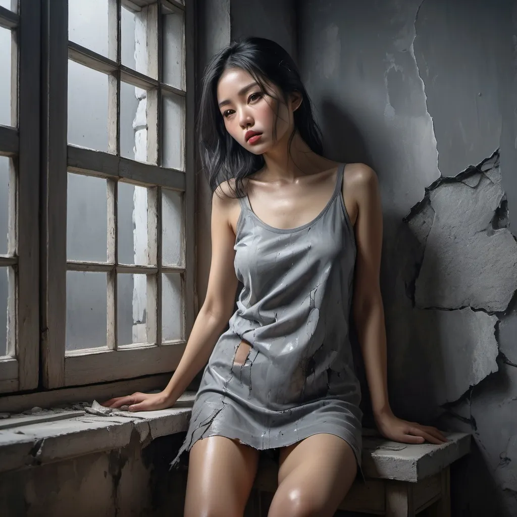 Prompt: 4k , high resolution ,detailed , oil painting , grey themed photo ,poor room with cracked wall ,gray sky, window with shutters , a asian woman is modeling , black hair with some gray hairs, mini slit  grey dress reveals legs , focus on legs
, portrait , expressionism , dark colors   , modeling pose , fashion , unique pose,close up 