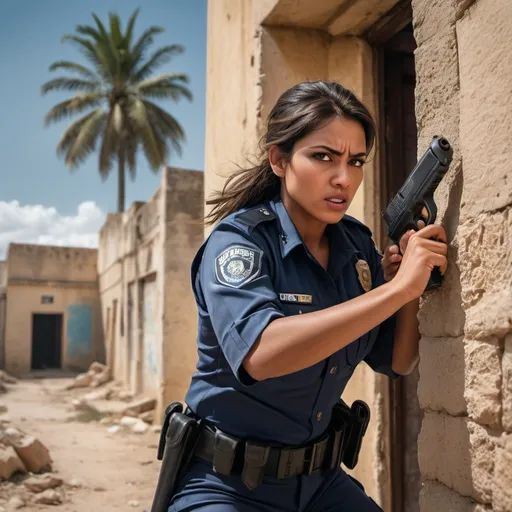 Prompt:   a police woman fighting criminals in a gun fight ,she hides behind a small wall to cover herself and reloads her gun  ,close up  ,low angle of the woman,there is a building next to the woman, sandy terrain, palm tree, old buildings in poor area,  intense action, third world country, angry face, professional, dramatic background with dramatic colors , urban setting, best quality, 4k, poor area, detailed clothing, intense expression, digital painting, realistic , bright colors , blue sky , strong wind , good composition  , action movie scene 