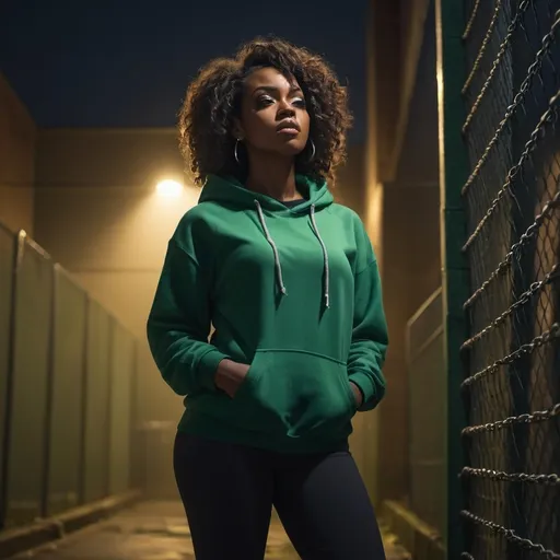 Prompt: photorealistic, (4K), (high resolution), nighttime street scene, (dramatic colors), (grim lighting), pole, chain link fence nearby, (low angle shot) of a black woman standing against the wall (close up), light illuminating her, dressed in a green hoodie and black leggings   , curly hair , grim mode , dramatic smoke , 