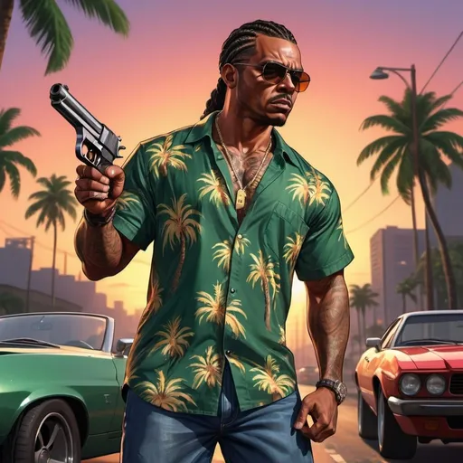 Prompt: 4k , high resolution , detailed , gta style ,dark colors , digital painting , palm tree ,sunset ,light ,road , green sports car  ,outdoor , dramatic atmosphere  ,hawaiian shirt, jeans , a black man in the street , tough face , sunglasses , mirrored lens , braids haircut ,muscular figure , he holds a pistol , shooting stance  , low angle shot  , close up 