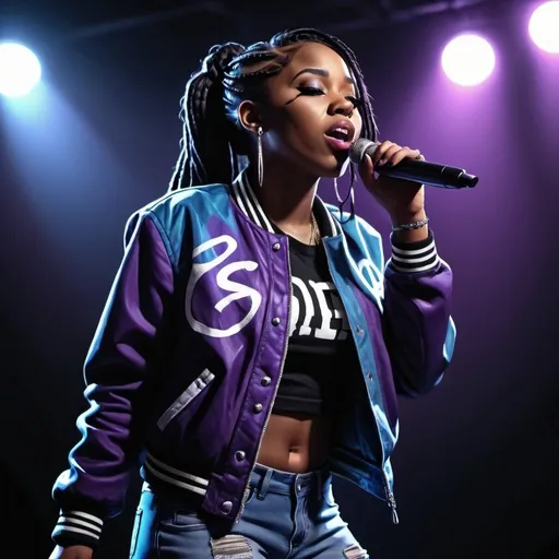 Prompt: detailed , high resolution  digital painting, low-angle of a 28 years old black female rapper in a dark stage , she is singing , black braid hair, purple letter jacket , blue ripped skinny jeans ,achromatic colors, 4k, high resolution, art photography,  intense lighting, dramatic shadows, professional, , atmospheric lighting , full body