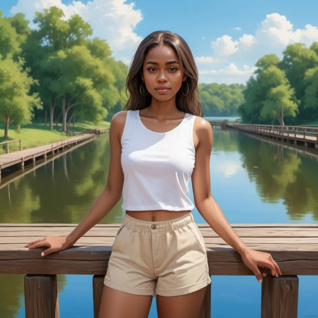 Prompt: 4k , high resolution , professional , detailed , park , bright blue sky , trees , lake , art photography , digital painting , woman(close up)  standing on wooden bridge and leaning against the safety railing  , she is wearing white sleeveless shirt , beige shorts , dark skin , long hair , 