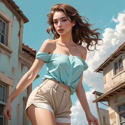 Prompt: 4k , high resolution , modeling , fashion, outside  ,digital painting , realism , urban  , old brown house is behind , sky , white windows ,
a woman is leaning against wall , artistic modeling stance , artistic , creme white shorts ,  off shoulder tiffany blue shirt , legs , bright colors 