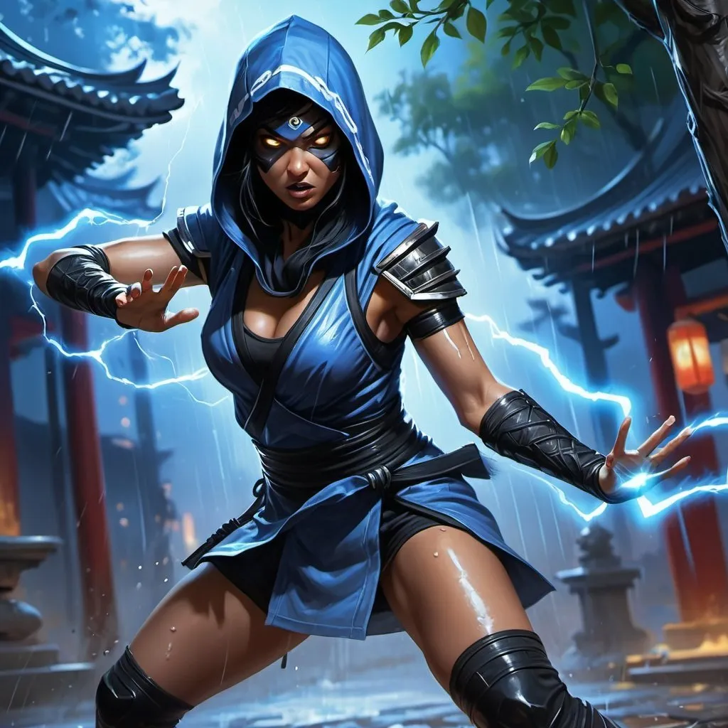 Prompt: 4k ,oil painting ,fantasy, high resolution ,artistic,modeling,mortal kombat character , a female ninja throws an thunder magical balls,thunder lights in background ,blue light caused by the thunder,she leans against a tree,black hair,she wears a hood , long blue ninja outfit , white short skirt reveals legs, low angle shot ,focus on legs ,thigh,dynamic , wind ,rain,old chinese temple  , powerful look, throwing stance , angry face ,electric white eyes  , she is screaming , electric aura around the female ninja