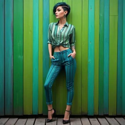 Prompt: 4k, high resolution , high detailed ,  digital painting , art photography , urban settings , fashion ,green wooden wall   ,a woman standing near the wooden wall ,,green  buttoned shirt with  blue vertical stripes  , teal long tight pants , black and blue mixed  hair ,short  pixie hairstyle , earrings , full body 