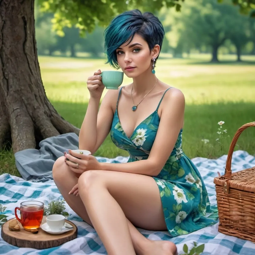 Prompt: 4k , high resolution , glamour photography , art photography , digital painting ,bright colors ,trees ,beautiful calm place , flowers ,picnic, a woman sitting on white picnic blanket and holding a cup of  tea , blue pixie hair , green floral mini dress  , earrings , necklace , close up , low modeling pose , legs  