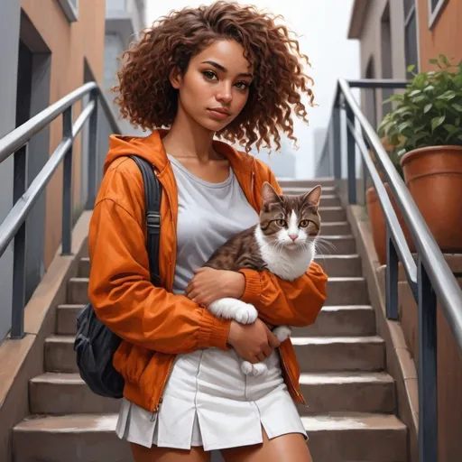 Prompt: 4k , high resolution , detailed , digital painting , realism , sidewalk ,urban , a woman stands holds cat on her hands near stairs with railing , curly hair,brown skin ,she wears brownish orange jacket , white crop top shirt , gray miniskirt , 