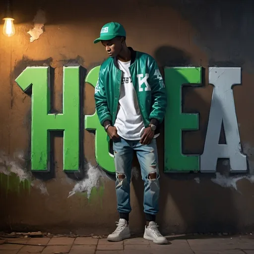 Prompt: 4k , high resolution , digital painting , modeling , neglected ally , dramatic colors, old building wall , led lights,  a man leaning against the wall with one leg touches wall ,dark skin, mid fade haircut , opened green letter jacket , white under shirt , blue jeans ,  the man , green backwards hat , close up