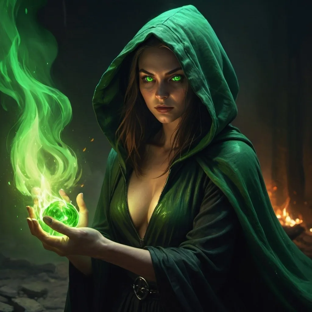 Prompt: 4k , high resolution,fantasy , digital painting , illustration , mythology , dark place  , dirt floor , a  witch holds magical green glowing  fire in her hands  , green aura around the woman , black hood , glowing eyes , slit skirt , barefoot  , portrait , close up on woman , modeling stance , detailed face , combat stance , she is throwing the green fire 