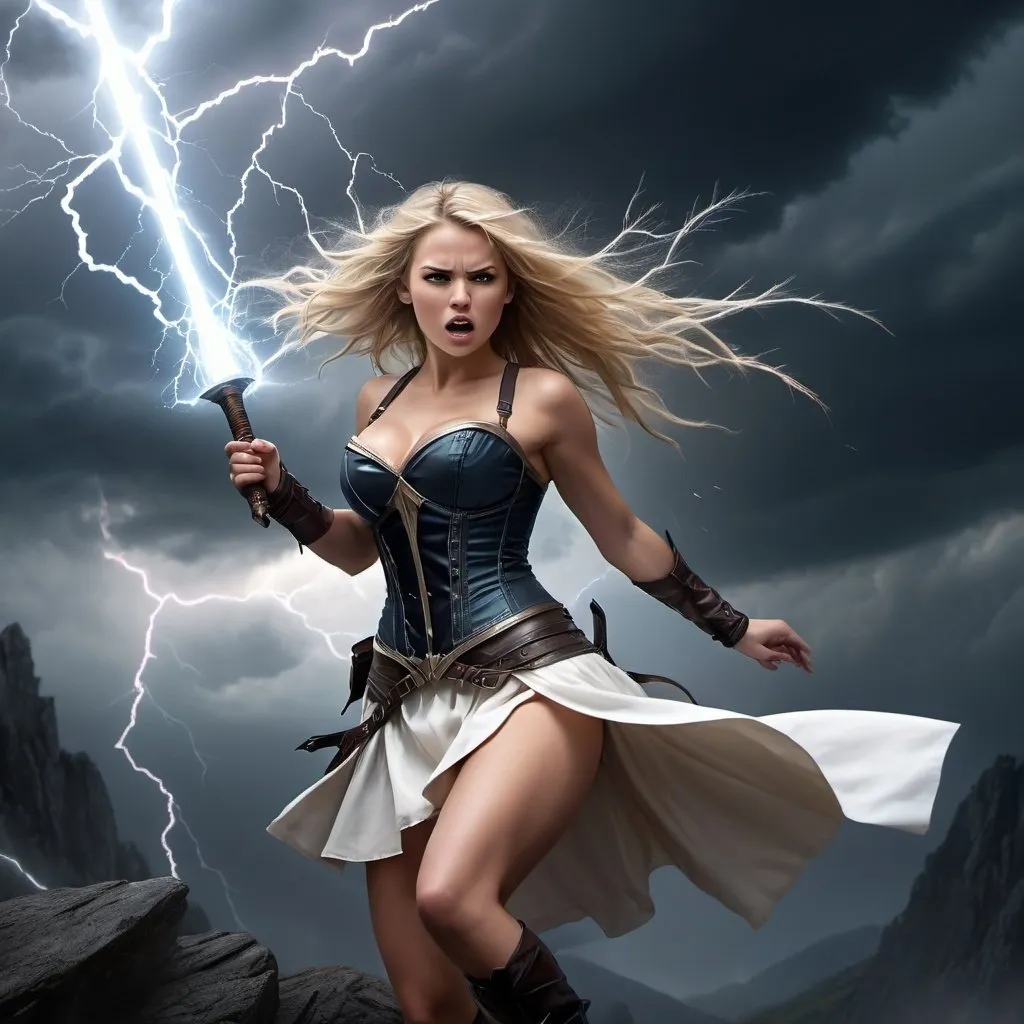 Prompt: 4k , high resolution ,fantasy, illustration , dark colors , artistic ,mountain, a woman rises up magical sword ,big storm caused by the magical sword , strong wind ,dark background, blonde hair , white combat corset , white short skirt revealing legs , low angle shot ,attacking stance , thunder aura around the sword , sword's blade glowing with the thunder , portrait , thunder hits the sword and causes big lights