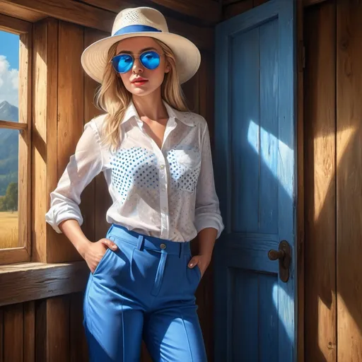 Prompt: 4k , high resolution,digital painting ,hyper realistic , detailed , fashion , art photography , bright colors , nature , old wooden house , a woman standing near the wooden wall , blue fedora hat , blonde hair , white linen shirt with blue dots , blue tight long pants , sunglasses with mirrored lens and blue templates  , sunlight streaming on the woman 