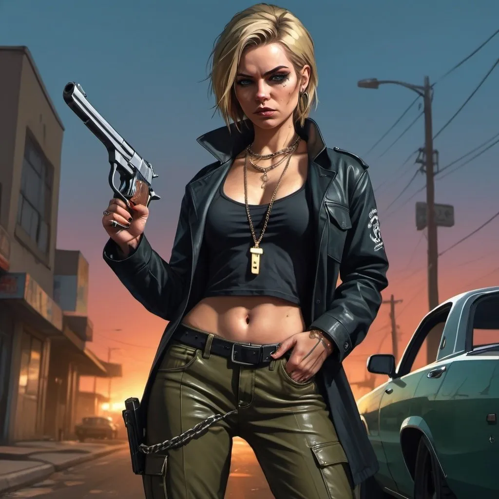 Prompt: 4k , high resolution , detailed , gta style ,dark colors , digital painting , street sunset ,road ,car, dramatic atmosphere  , a woman holds a pistol  , aim pistol stance  ,  blue eyes , pale skin , chain necklace , leather black coat , black crop top shirt , khaki cargo pants , black boots , dyed blue and green streaks in hair , low angle shot 