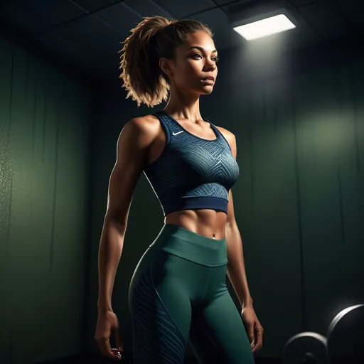 Prompt: A stylized, hand-drawn digital illustration of a confident athletic woman in a dimly lit room with a dramatic spotlight casting soft light on her. She is wearing a sleek, high-quality athletic outfit with a fitted navy-blue top and matching high-waisted leggings in dark green with subtle patterns. The setting is a dark room with textured walls, illuminated by a single warm spotlight, creating striking shadows and a moody atmosphere. The style is semi-realistic with soft, painterly details and rich colors. The overall tone is modern, athletic, and artistic, with an emphasis on elegance and strength