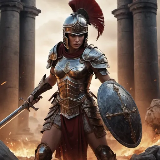 Prompt: 4k, high resolution, detailed features, epic fantasy character art, roman empire, dramatic colors, fantasy art, concept art, female warrior, metal helmet ,sword fight, combat stance, tower in the background, close up, intense battle, detailed armor, ancient setting, warrior, intense action, powerful female, high detailed characters, dramatic lighting, fierce female warrior