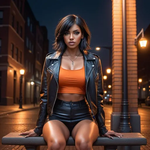 Prompt: 4k,hyperrealism,dramatic colors, dark colors  ,high resolution, professional,low angle shot ,show legs, modeling, night, woman sitting on bench near brick pillar and street light,outside , she is modeling , black hair, opened black leather jacket, orange crop top shirt, black miniskirt,necklace ,close up, hands gestures  ,