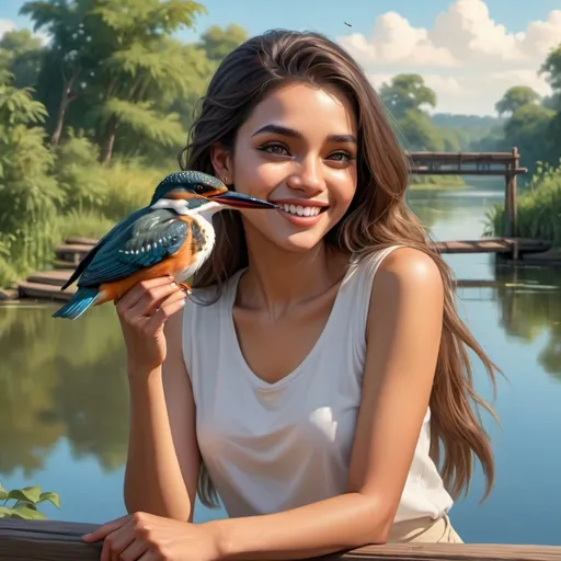Prompt: 4k , high resolution , professional , detailed , park , bright blue sky , trees , lake , art photography , digital painting , woman(close up)  feeding the king fisher ,she is smiling , she is standing  on wooden bridge and ,safety railing , , she is wearing white sleeveless shirt , beige shorts , dark skin color , long hair