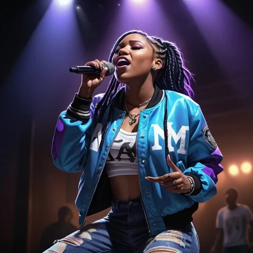 Prompt: detailed , high resolution  digital painting, low-angle of a 28 years old black female rapper in a dark stage , she is singing , black braid hair, purple letter jacket , blue ripped skinny jeans ,achromatic colors, 4k, high resolution, art photography,  intense lighting, dramatic shadows, professional, , atmospheric lighting , full body , crown cheering 