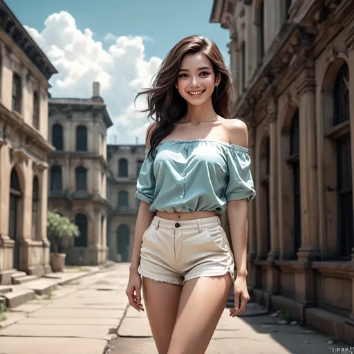 Prompt: 4k , high resolution , modeling , fashion, outside  ,digital painting , realism , urban  , old buildings are behind , sky , black windows ,woman  , artistic modeling stance , artistic , creme white shorts ,  off shoulder tiffany blue shirt , legs , dark colors , smile , unique pose 