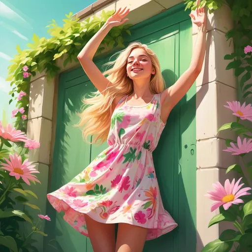 Prompt: digital painting of a woman leaning against the wall and while spreading hands up  (long blonde hair) in a casual, summery outfit, (floral mini dress)with (colorful patterns) of (pink, white, green ,flowers),  , bright sunlight casting warm tones, vibrant and cheerful ambiance, (dynamic background) of a sunny park with lush greenery, ultra-detailed, HD.