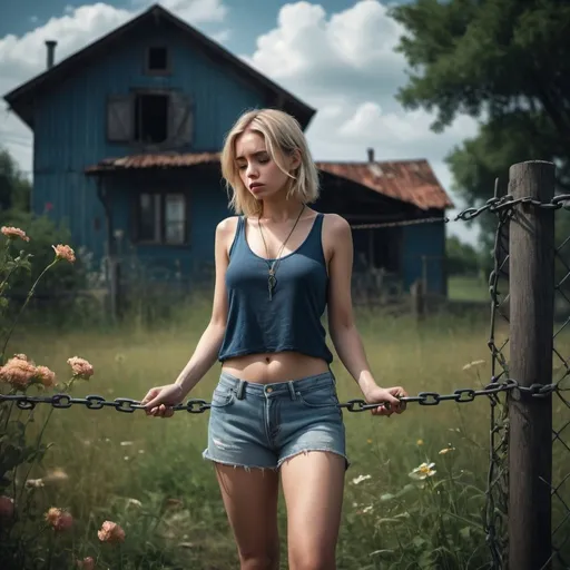 Prompt: 4k , high resolution , detailed , artistic photo shot,expressionism, old small house , dark colors , dramatic colors tells the sadness of the woman , view , field , flowers grass , trees , a woman is touching chain-link fence ,she is sad , blonde hair , tank top shirt , blue shorts ,necklace , portrait , low angle shot  , legs ,full body ,she stands in modeling pose, good lighting ,  