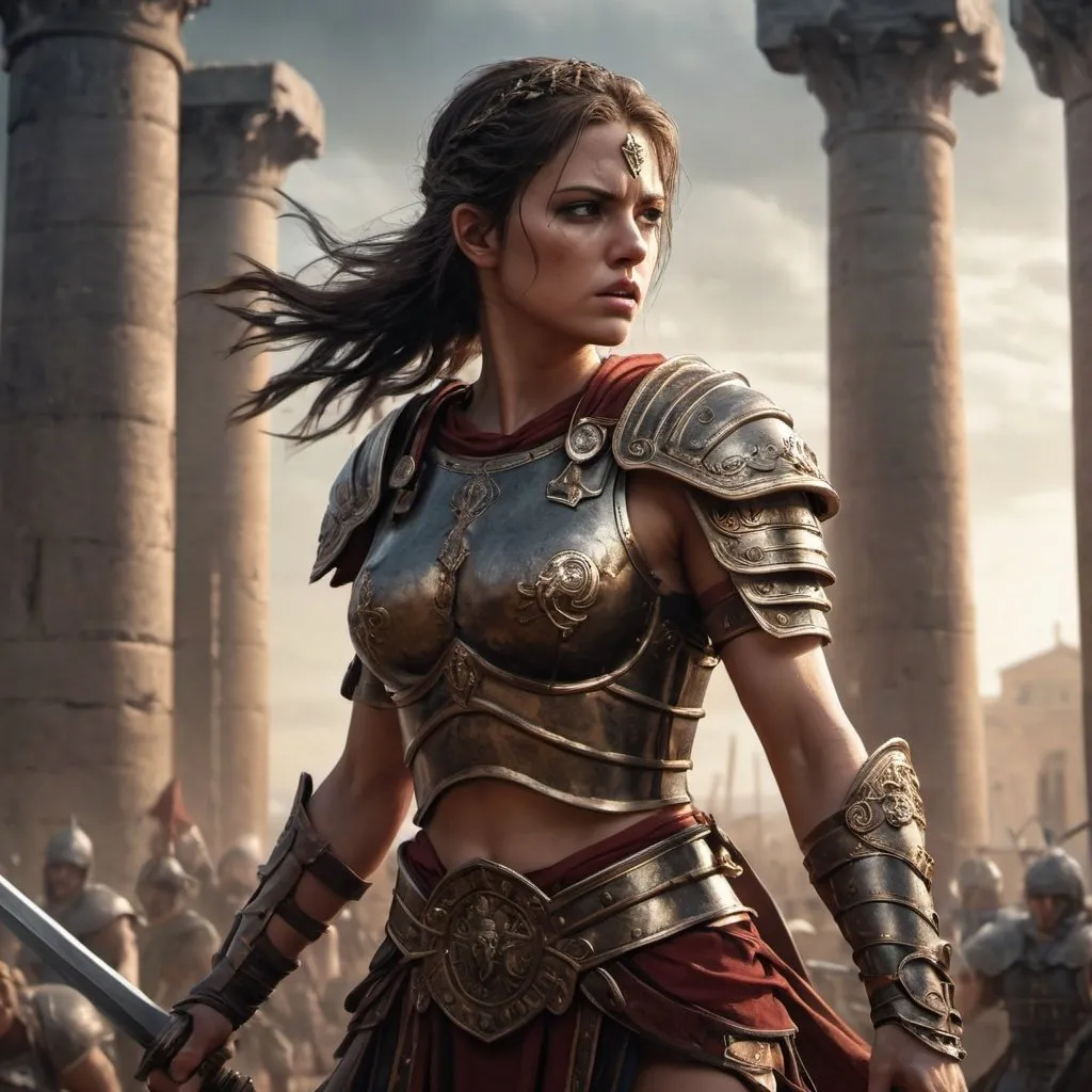 Prompt: 4k, high resolution, detailed features, epic fantasy character art, roman empire, dramatic colors, fantasy art, concept art, female warrior, sword fight, combat stance, tower in the background, close up, intense battle, detailed armor, ancient setting, , warrior, intense action, powerful female, high detailed characters, dramatic lighting, fierce female warrior