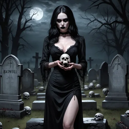 Prompt: 4k,high resolution , detailed , oil painting , modeling , dark color , grave yard , tombstones , scary place , gothic woman holds skull in her hand , pale skin , black hair , mini slit dress reveals legs , black themed , death ,drama, night , modeling pose , realistic woman look 