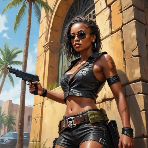Prompt: 4k , high resolution , bright colors ,oil painting,fantasy, action ,road,palm trees,old building,cracked walls, a female bounty hunter stands near wall tree  ,she aims a gun ,fighting pose, black braid hair , black skin , sunglasses , mirrored lens,olive shorts, leather black crop top shirt , bandolier , skull logo , close up , low angle shot