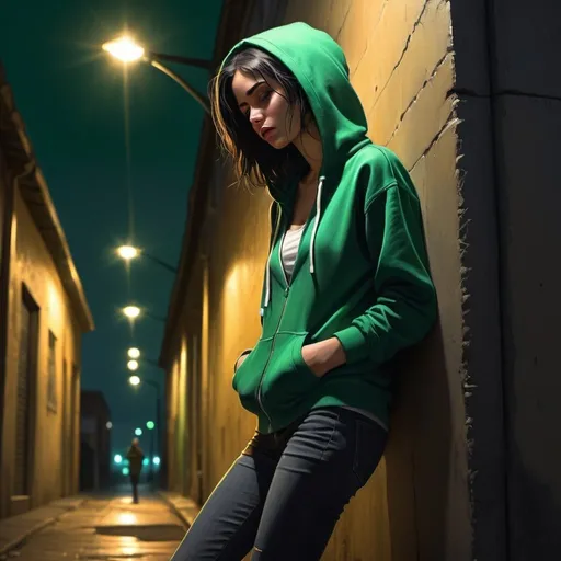 Prompt: 4k , high resolution , detailed features , , hyper realism , digital painting , dramatic lighting , night , street light ,somber atmosphere , intense lighting , expressionism , 
a loner  woman leaning against the wall , the lights shine the woman , black hair , green zip-through hoodie , skinny jeans , legs , low angle shot   