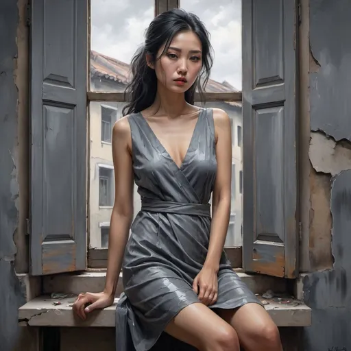 Prompt: 4k , high resolution ,detailed , oil painting , grey themed photo ,poor room with cracked wall ,gray sky, window with shutters , a asian woman is modeling , black hair with some gray hairs, mini slit  grey dress reveals legs , focus on legs
, portrait , expressionism , dark colors   , modeling pose , fashion , unique pose,close up 