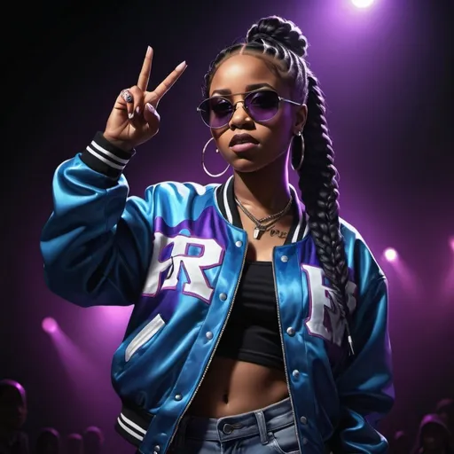 Prompt: detailed , high resolution  digital painting,  a 28 years old black female rapper in a dark stage , she stands and makes rapper hands gestures , black braid hair, purple letter jacket , blue ripped skinny jeans , sunglasses , mirrored lens , 
,achromatic colors, 4k, high resolution, art photography,  intense lighting, dramatic shadows, professional, , atmospheric lighting , full body , crown cheering 