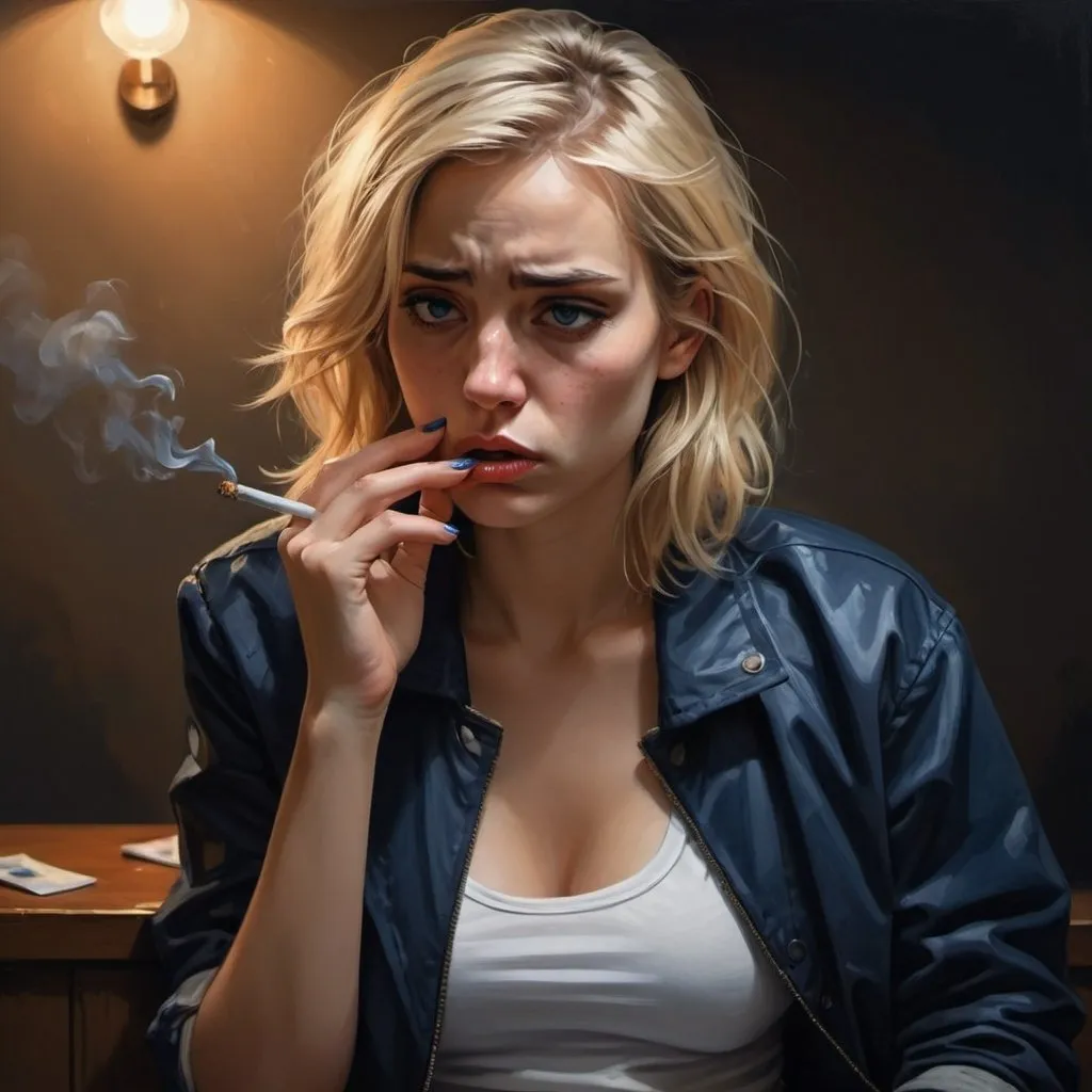 Prompt: 4k , high resolution , photorealistic painting ,digital painting ,sad moment ,expressionism,modeling , artistic , dark room ,light and shadow photography , led lights , woman smokes cigarette  ,she is bored and sad,
blonde hair , opened brown jacket ,white crop top shirt , detailed dark blue slit miniskirt ,detailed face
