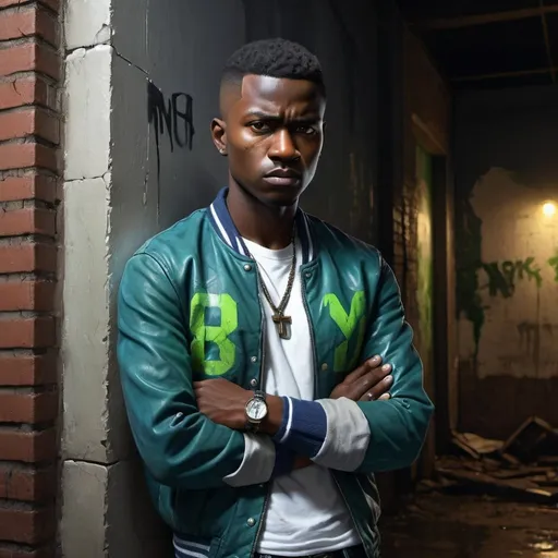 Prompt: 4k , high resolution , digital painting , modeling , neglected ally , dramatic colors, old building wall , led lights above the man , tough man stands near the wall ,crossed hands , angry face , ,dark skin, mid fade haircut , opened green letter jacket , white under shirt , blue jeans, ,necklace , close up on the man ,