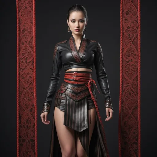 Prompt: A woman in a dark, ornate outfit . She is wearing a fitted, cross-wrapped top made of sleek leather-like material  Her waist is cinched with a wide decorative belt featuring intricate engravings, tied with ceremonial red ropes. Flowing fabric panels with vertical striped patterns hang down from the waist, resembling a skirt, while revealing parts of her legs.
the background is just black 
