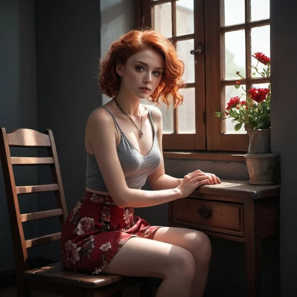 Prompt: 4k , high resolution ,dark colors ,digital painting ,glamour photography , art photography , professional , dark room , window with opened shutters ,sunlight shines the woman through the window  , a woman sitting on wooden chair with hands on her legs  , red hair ,pale skin, red sleeveless crop top shirt , detailed gray floral short circle skirt ,necklace , legs , close up ,drama , light and shadow photography , low angle shot 