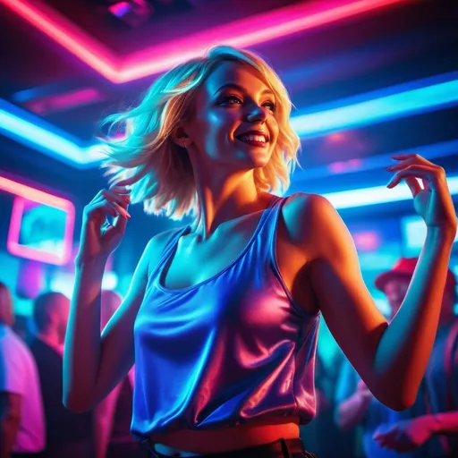 Prompt: (vibrant neon lighting), a blonde woman dancing in the club (low angle shot),  filled with dynamic colors, contrasting red and soft light blue hues illuminating the background, an energetic and night atmosphere, captivating details enhancing the nightlife experience