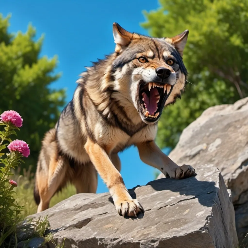 Prompt: 4k , high resolution , detailed photo , oil painting  , animal photography ,close up ,summer,nature , clear shot , flowers ,blue sky ,wolf  stands on rock and  exposes his teeth , aggressive look , scary  , attacking , photography , , aggressive colors in the background ,dynamic photo, action ,low angle shot 