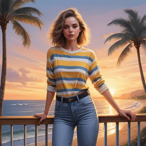 Prompt: a digital painting of a woman ( striped white blue and yellow shirt , jeans) standing , safety railing behind her and beach in the background with a beautiful sunset and palm tree 