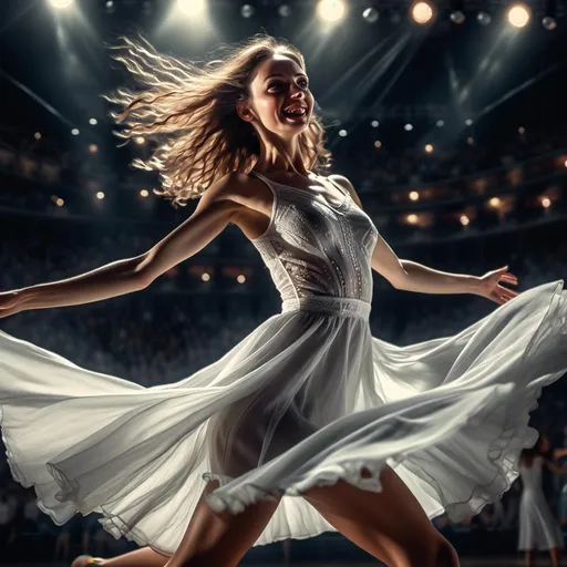 Prompt: <mymodel>
4k  , high resolution,artistic ,photorealistic painting ,digital painting , a woman in short white dress is dancing on dark stage , close up , energetic dance , the stage lights shine on the woman , dynamic , dramatic dance , low angle shot ,