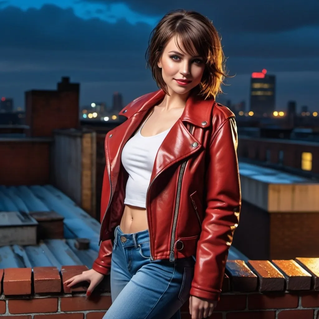 Prompt: 4k , high resolution , detailed ,fashion photography  , dramatic ,bright colors,contrast, realism ,professional, lights on the woman , art photography,neglected rooftop,urban view, night , a woman standing near the brick wall in modeling pose,she reveals shoulder , bangs haircut, brown hair , opened red coat and white crop top under the brown jacket  , blue long tight  jeans , portrait , legs , wet rooftop , smile 