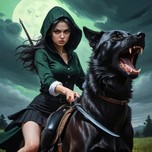 Prompt: 4k ,oil painting ,fantasy, high resolution ,artistic,nature ,sky ,dark atmosphere ,action,dynamic,small wolf, a white dangerous  woman holds dagger and she rides on black wolf , angry face , black hair , traditional buttoned black shirt , dark green slit miniskirt  ,black hood,  good composition 