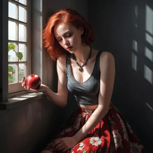 Prompt: 4k , high resolution ,dark colors ,digital painting ,glamour photography , art photography , expressionism, dark room , window with opened shutters ,sunlight shines the woman through the window  , a woman leaning against the wall and eating red apple , red hair ,pale skin, red sleeveless crop top shirt , detailed  gray floral short circle skirt ,necklace , legs , close up ,drama , light and shadow photography , 