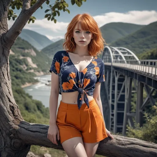 Prompt: 4k , high resolution , detailed features ,achromatic colors , realism ,fashion , glamour photography , art photography , landscape ,view ,mountains , a woman leaning against a tree in modeling pose,big bridge in the background ,ginger hair, long bangs haircut ,detailed floral  navy blue knot crop top shirt , orange warp skort , legs , low angle shot , portrait , close up 